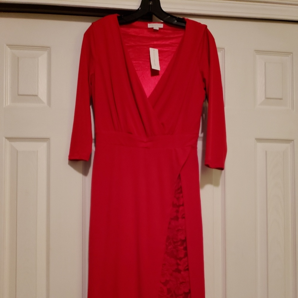 New w/ tag Red wrap dress w/ lace side slip